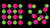 (1.) Depiction of the structured atomic arrangement of a crystal (left) and the disorganized atomic arrangement of amorphous glass (right). The pink and green circles represent atoms, and the blue lines represent atomic bonds.